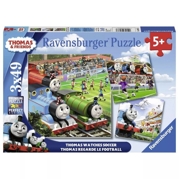 New sealed Ravensburger-3x49 Piece Puzzle - Thomas the Train Watches Soccer - Picture 1 of 16